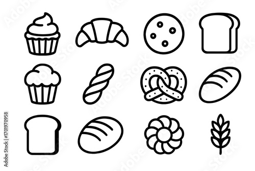 Bakery goods line icon set. Pastry, cookies, bread outline collection. Vector cartoon illustration. Patisserie symbols. Croissant, cupcake, pretzel, muffin, toast, loaf food.