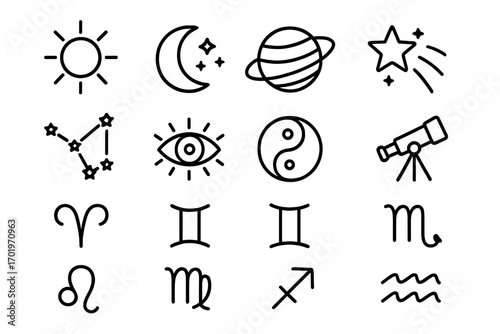 Astrology and astronomy outline icon set. Celestial symbols, zodiac signs collection for horoscope. Esoteric spiritual vector elements like sun, moon, planet, yin yang.