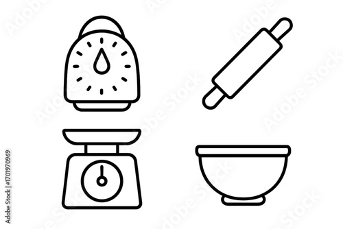 Baking tools outline icon set. Kitchen utensils for cooking and pastry. Vector line art symbols of oven timer, rolling pin, kitchen scale, and mixing bowl for recipe design.