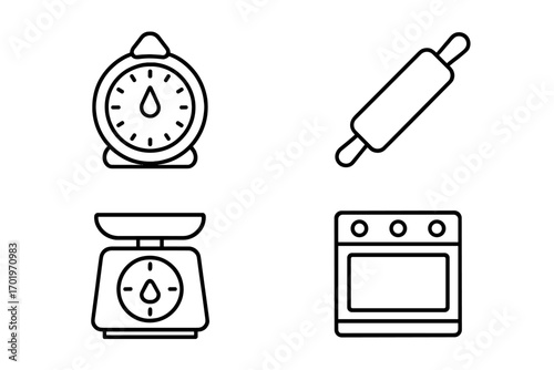Baking tools outline icon set. Kitchenware equipment for cooking and food preparation. Vector pack includes oven timer, rolling pin, kitchen scale, and stove icons.