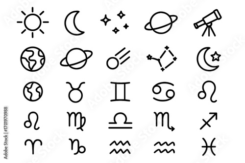 Astronomy and astrology outline icon set. Celestial symbols, zodiac signs collection. Space, planets, sun, moon, horoscope symbols. Vector illustration for mystical design.