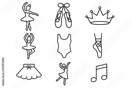 Ballet and dance line icon set. Graceful, elegant icons in outline style. Vector graphic. Ballerina, pointe shoes, tutu, leotard, crown, music note for dance school.