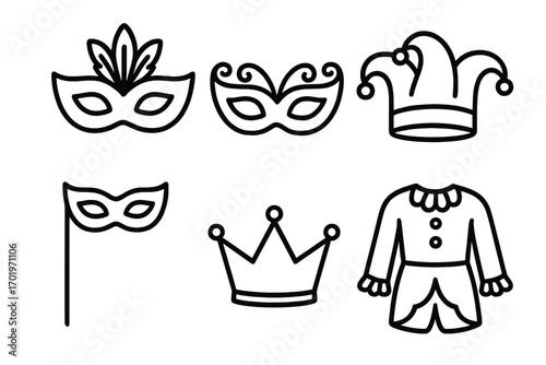 Carnival mask and costume outline icon set. Vector line art for masquerade parties and festive events. Jester hat, crown, and Venetian mask symbols for celebration design.