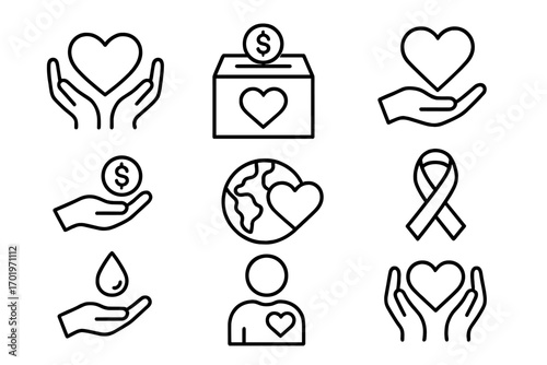 Charity and donation outline icon set. Symbols of support, giving, love, and volunteering. Line art collection with heart in hands, donation box, and awareness ribbon.