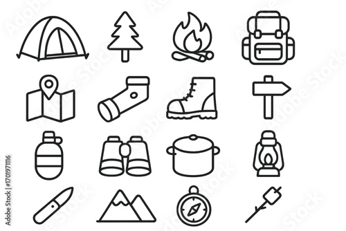 Camping, outdoor adventure line icon set. Hiking and backpacking essentials outline collection. Vector graphic symbols for travel, nature, exploration, survival, and leisure.