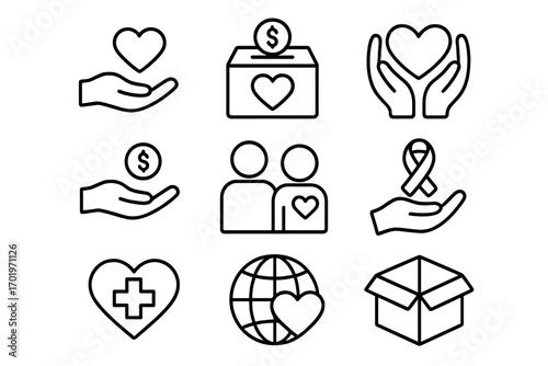 Charity and donation outline icon set. Heartfelt giving and support line art collection. Vector symbols for volunteer, help, love, care, fundraising, and community aid.