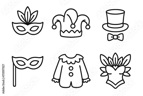 Carnival mask and costume outline icon set. Vector illustration for festive events, parties, masquerade. Line art symbols of jester, clown, showgirl, top hat and bow tie.