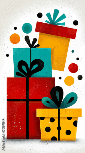 Colorful geometric stacked gifts art on white background creates a modern and festive abstract celebration arrangement for holidays