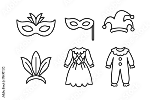 Carnival outline icon set. Masquerade ball party masks, jester hat, clown and princess costume. Vector line art illustration for festive events, Mardi Gras, or theater.