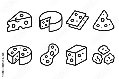 Cheese icon set vector. Dairy food icons outline collection for culinary design. Various types of cheese, parmesan, swiss, cheddar, mozzarella, gouda, emmental, feta, blue cheese.