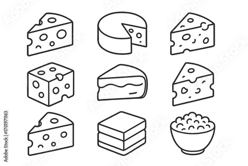 Cheese icon set. Dairy food outline collection for culinary designs. Vector line art illustration of various cheese types like cheddar, swiss, brie, and cottage cheese.