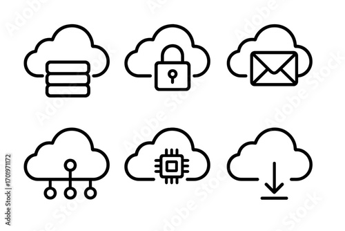 Cloud computing outline icon set. Data, security, email, networking, technology icons. Vector collection for cloud storage, server, database, network, download, processor symbols.