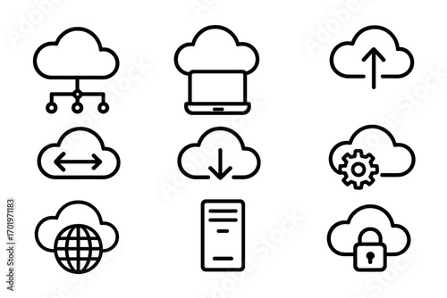 Set of cloud computing line icons. Technology, networking, security. Vector symbols for database, server, data transfer, upload, download, global network and protection.
