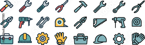 Industry tools line icons set. construction, equipment, repair, machinery vector illustration