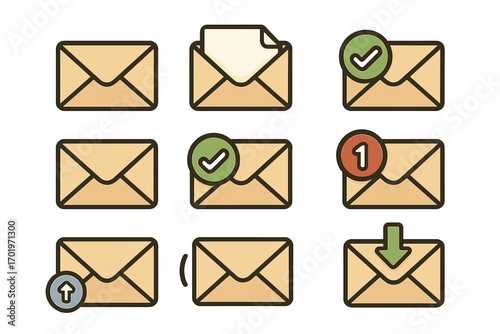 Collection of simple envelope icons representing message statuses. Email symbols for new mail notification, download, upload, sent, and received confirmation. Cartoon vector set.