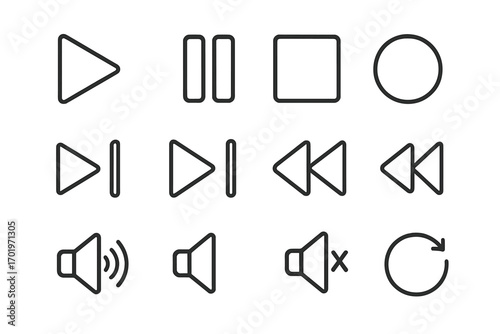 Media player control icon set. Play, pause, stop, record, next, previous, rewind, volume, and mute buttons. Vector signs for user interface design. Minimalist linear style.