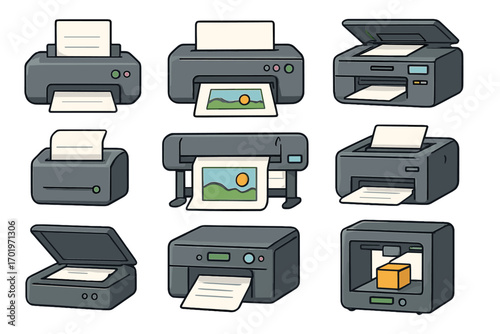 Printer icon set. Vector collection of office equipment illustrations, including laser, inkjet, large format plotter, scanner, and 3D printer for modern technology concepts.
