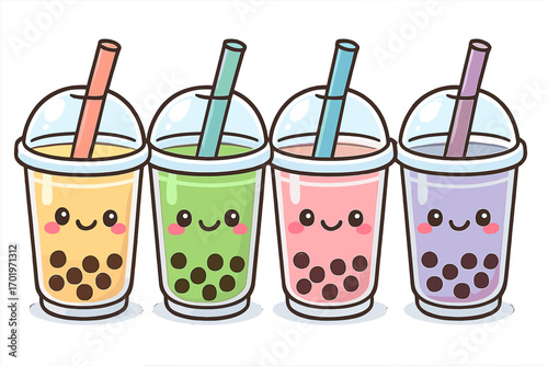 Kawaii bubble tea vector illustration set. Cute boba tea characters with smiling faces. Colorful drink cartoon icons. Asian pearl milk tea beverage with tapioca pearls.
