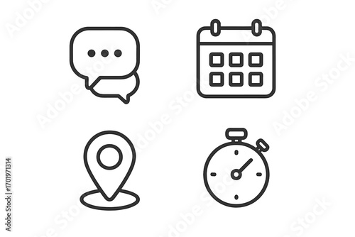 Communication and event planning line icon set. Chat bubble, calendar schedule, map location pin, and stopwatch timer icons. Vector symbols for web, UI, business apps.