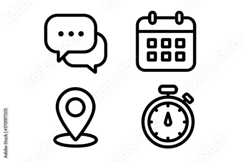 Business and communication line icon collection. Vector symbols for chat message, event calendar, map location pin, and stopwatch timer. UI kit for web and mobile app design.