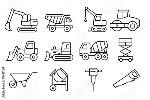 Construction equipment line icon set. Heavy machinery, tools, vehicles linear collection. Vector outline graphic. Excavator, truck, crane, bulldozer, cement mixer, roller.