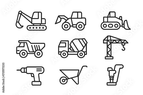 Construction equipment line icon set. Heavy machinery and building tools vector collection. Excavator, bulldozer, loader, crane, dump truck and cement mixer linear icons.