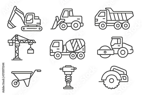 Construction equipment line icon set. Heavy machinery and building tools collection. Vector linear outline symbols of excavator, truck, crane, bulldozer, and roller.