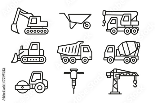 Construction equipment line icon set. Heavy machinery, tools, and vehicles linear collection. Vector illustration of excavator, crane, dump truck, bulldozer, and cement mixer.