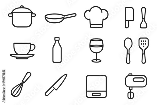 Cooking and kitchen outline icon set. Essential culinary and utensil icons collection. Vector symbols for food prep, restaurant, and home cooking. Cookware and tool illustration.
