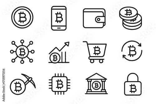 Cryptocurrency and Bitcoin line icon set. Blockchain technology concepts. Digital money, crypto wallet, mining, trading, online payment, and financial investment vector symbols.