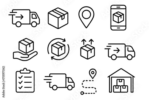 Delivery and shipping line icon set. Logistics, package tracking, and order fulfillment outline icons. Fast transport, e-commerce distribution, and freight service vector symbols.