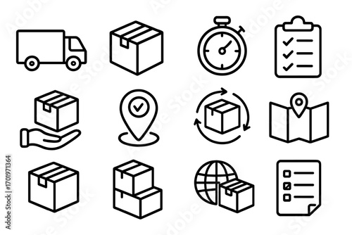Delivery and shipping line icon set for logistics and e-commerce. Includes package tracking, fast delivery truck, order fulfillment, and return service symbols. Vector icons.