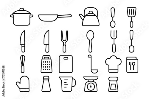 Cooking and kitchen outline icon set. Essential culinary utensil collection for food preparation. Vector symbols for chef, restaurant menu, and gastronomy. Simple line art.