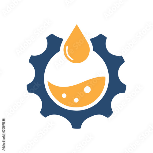 Industrial fluid engineering logo with gear, oil droplet, and liquid chamber for mechanical branding