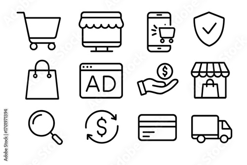 Online shopping and e-commerce vector line icon set. Internet retail business concept. Web store, secure payment, transaction, delivery truck, shopping cart, ad, and money.
