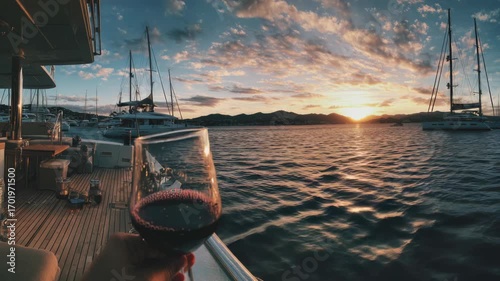Person holding wine glass on yacht deck during vibrant sunset, photo style, docked boats and mountains in background, concept of luxury leisure