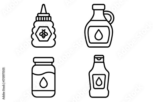 Honey syrup sauce icon set. Food and beverage outline packaging collection. Vector condiment bottle and jar. Sweet breakfast food symbol. Jam, ketchup, maple container line art.