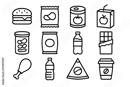 Food and beverage outline icon set. Simple line art collection of fast food, snacks, and drinks. Vector illustration of burger, pizza, soda, chips, and grocery items.