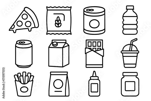 Food and beverage outline icon set. Supermarket products, fast food meal and snacks collection. Vector line art junk food, grocery items, drinks, pizza, chocolate, soda can.
