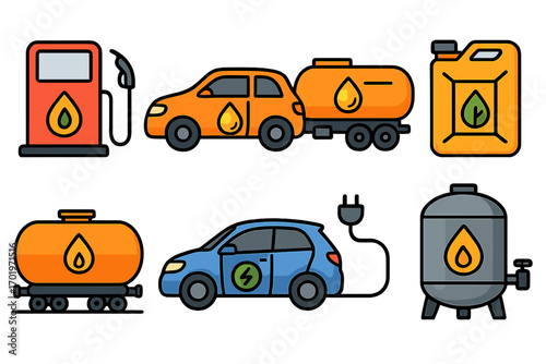 Fuel and energy icon set. Gas station pump, electric car charging, biofuel can, oil truck, train tank wagon and industrial storage. Vector cartoon illustration isolated.