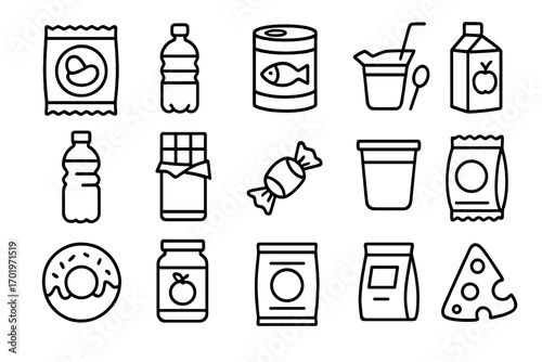 Food and beverage outline icon set. Supermarket groceries, snacks, canned goods, packaging collection. Donut, cheese, chocolate. Linear vector cartoon illustration.