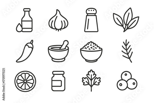 Food ingredients outline icon set. Cooking spices and herbs line art collection. Vector condiments symbols. Garlic, chili pepper, salt, basil, lemon, parsley and mortar.