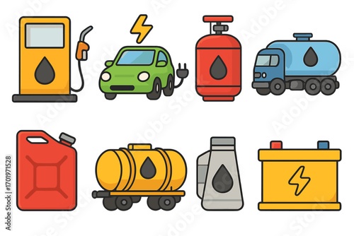 Fuel and energy icon set. Gas station, electric car, tanker truck, jerry can, battery, oil and propane tank icons. Vector illustration for transport and industrial power concepts.