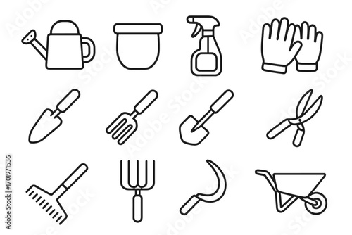 Gardening tools line icon set for horticulture and agriculture. Vector outline collection of equipment for planting and farming. Shovel, rake, fork, pot, gloves symbols.