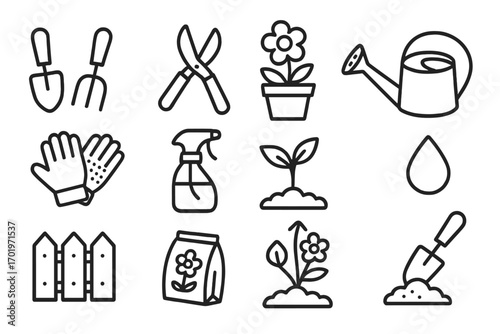 Gardening tools and plant care outline icon set. Cultivation, watering, growth essentials. Vector horticulture equipment symbols for backyard farming and agriculture hobby.