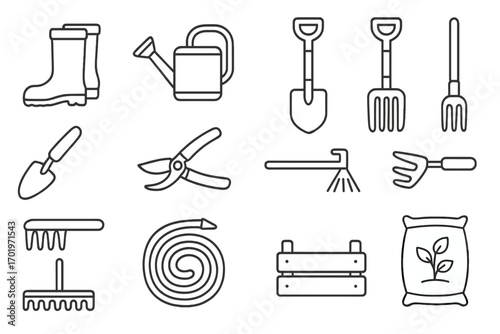 Gardening tools line icon set. Essential garden equipment collection for farming and agriculture. Vector linear illustration of shovel, rake, watering can, boots, and hose.