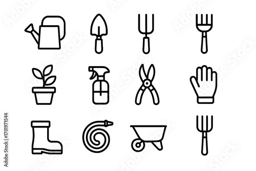 Gardening tools line icon set. Essential garden and farm equipment linear style collection. Vector illustration of horticultural and agricultural symbols for design element.