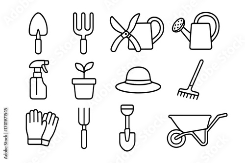 Gardening tools line icon set. Garden equipment collection. Vector horticulture and agriculture symbols. Farmer tools outline. Hobby pictogram. Plant care illustration.