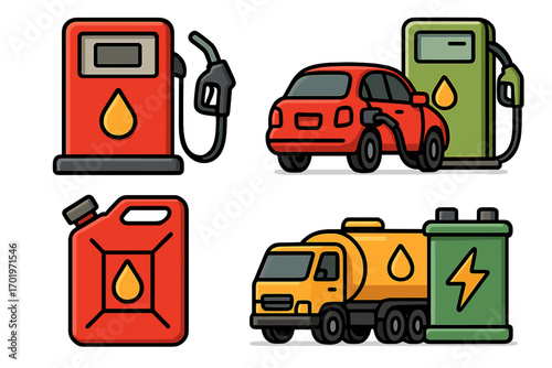 Gas station and energy icon set. Car refueling at pump, gasoline can, tanker truck, electric battery. Vector concepts for transportation, petroleum industry, and power.