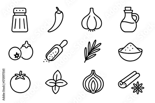Food ingredients outline icon set. Condiments and spices collection for cooking. Vector line symbols of herbs, seasoning, and vegetables like garlic, chili, and basil.